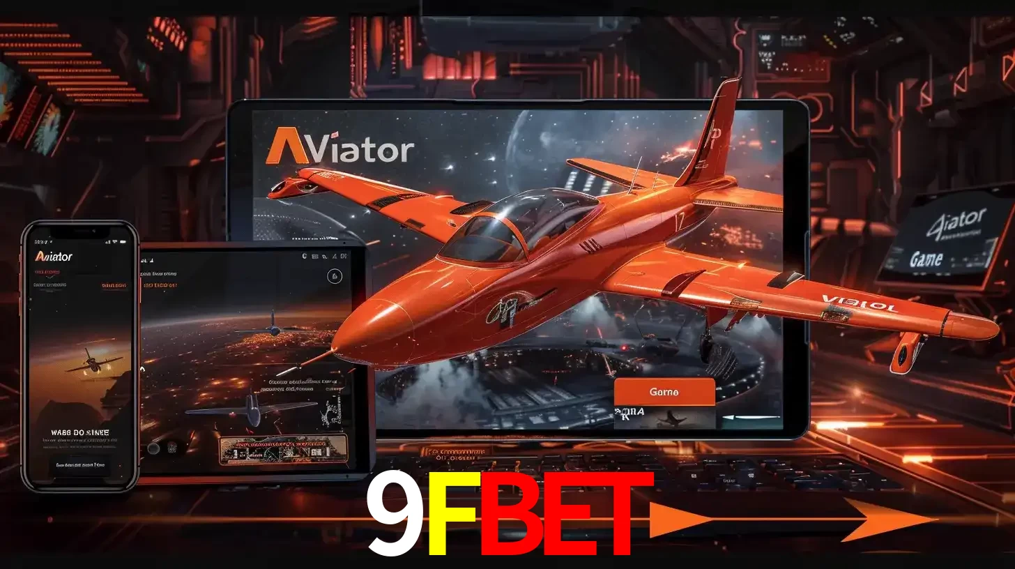 Apresentação tecnológica do jogo Aviator com um avião saindo da tela de um tablet, demonstrando a experiência imersiva em múltiplos dispositivos no 9FBET.