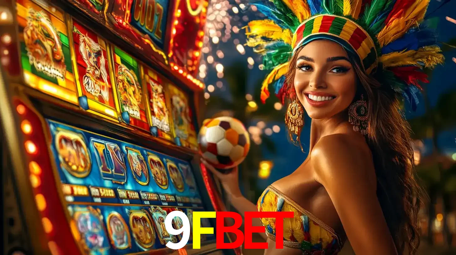 Mulher com um cocar de carnaval ao lado de uma máquina de caça-níqueis enquanto segura uma bola de futebol, mostrando a união da diversão de cassino e esportes no 9FBET.
