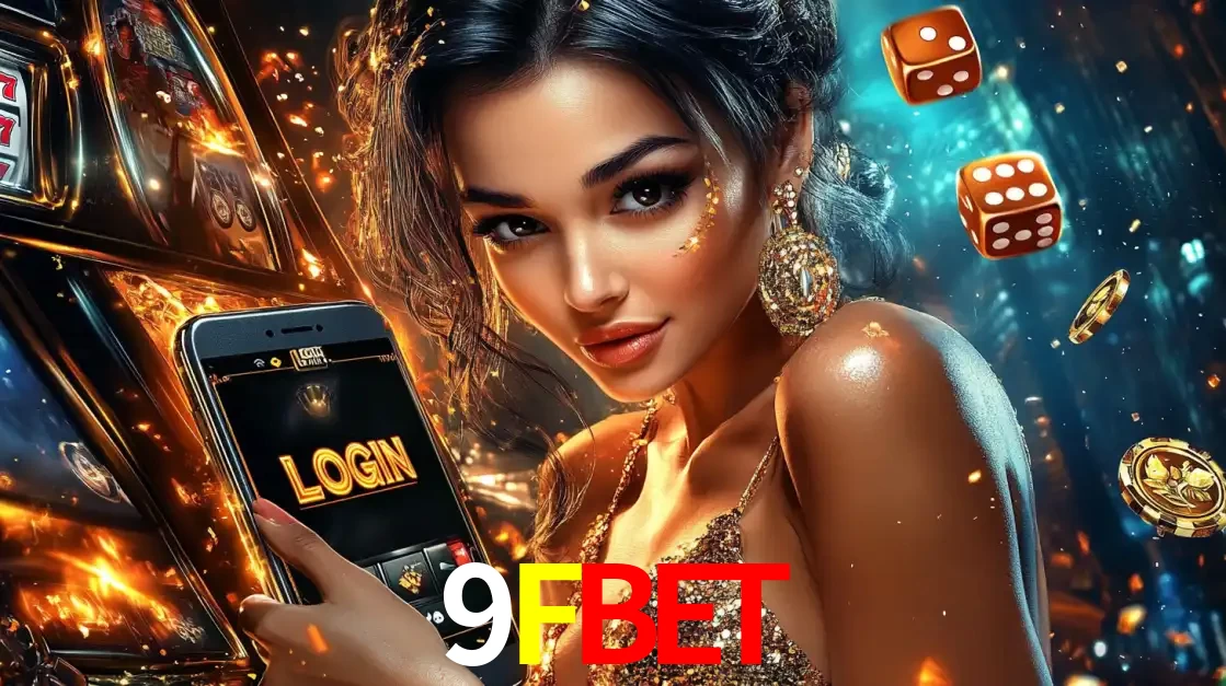 Mulher glamourosa segurando um celular com a tela de login do cassino 9FBET, rodeada por dados e moedas douradas, pronta para começar a diversão.