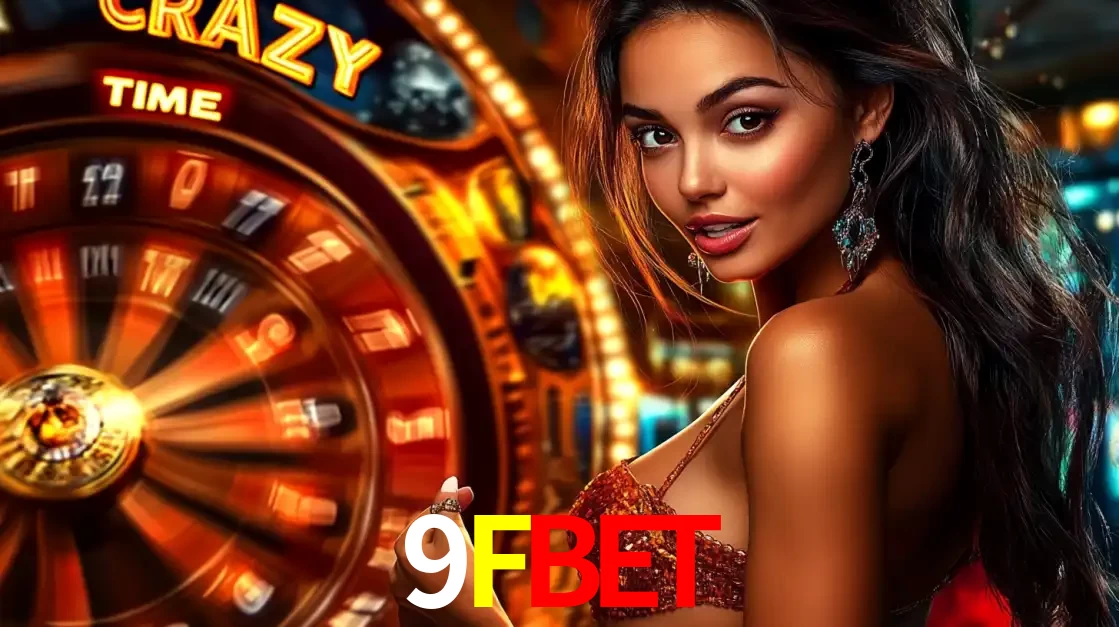 Mulher ao lado da roda de prêmios do jogo de cassino ao vivo Crazy Time, um dos shows de jogos mais emocionantes oferecidos pela plataforma de apostas 9FBET.