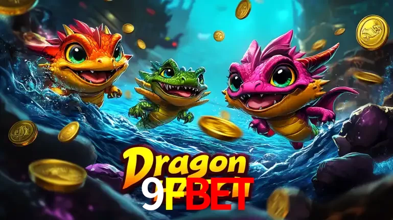 Arte promocional do jogo Dragon Hatch com três adoráveis dragões bebês nadando entre moedas de ouro, um dos slots mais divertidos para jogar no cassino 9FBET.