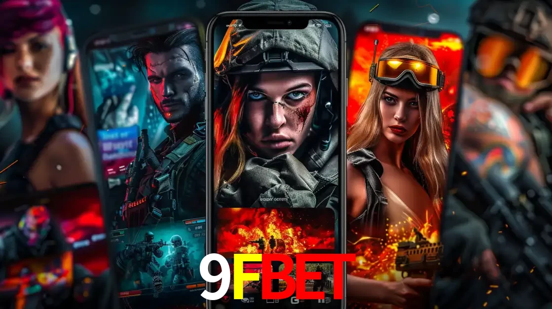 Montagem de telas de celular mostrando diversos personagens, masculinos e femininos, de um jogo de tiro, ilustrando a diversidade de equipes de e-sports para apostar no 9FBET.