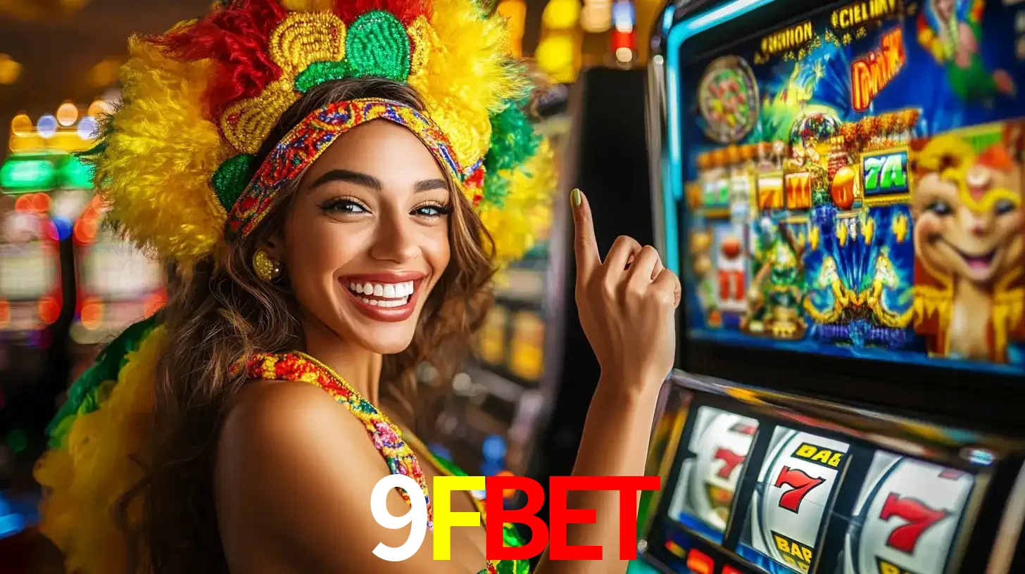 Mulher animada com um cocar de carnaval apontando para uma máquina de caça-níqueis, mostrando a emoção de ganhar um grande prêmio nos jogos do 9FBET.