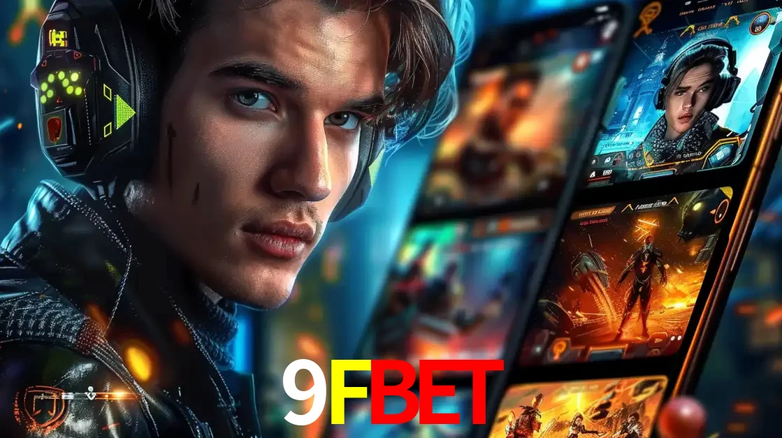 Jovem jogador com fones de ouvido olhando para a câmera, com um aplicativo de jogos e e-sports para celular ao fundo, pronto para a competição e apostas no 9FBET.