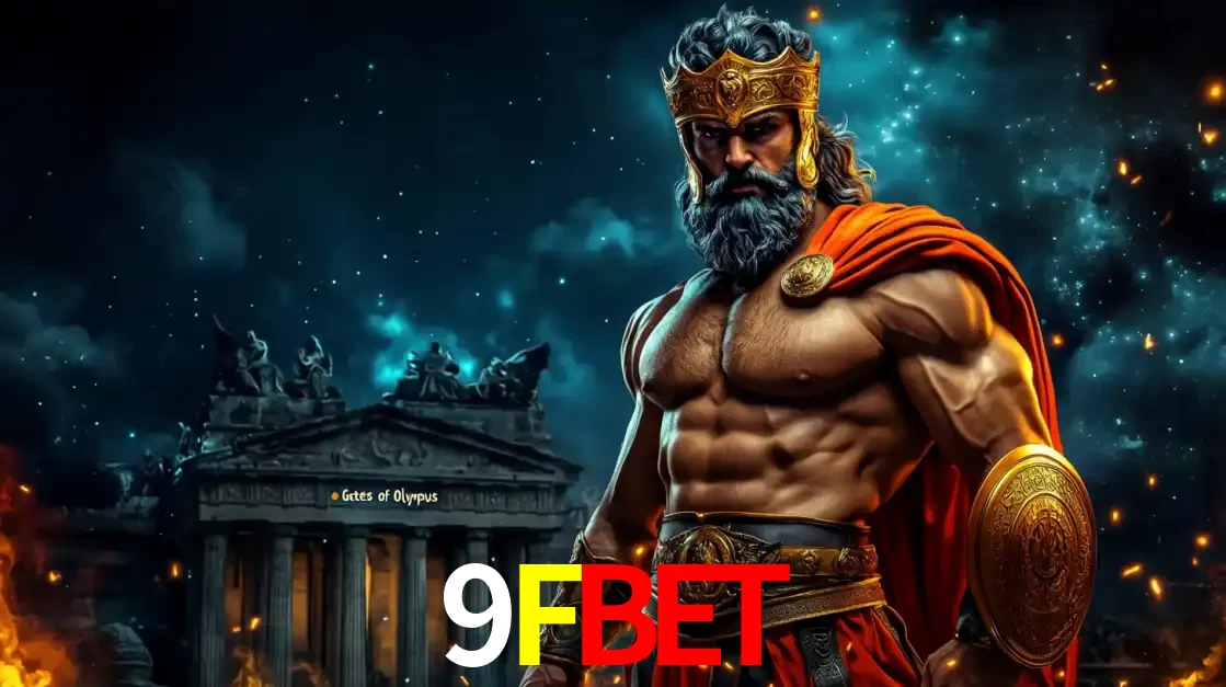 O poderoso Zeus do jogo de slot Gates of Olympus em frente ao seu templo, pronto para lançar multiplicadores divinos e prêmios épicos no cassino online 9FBET.