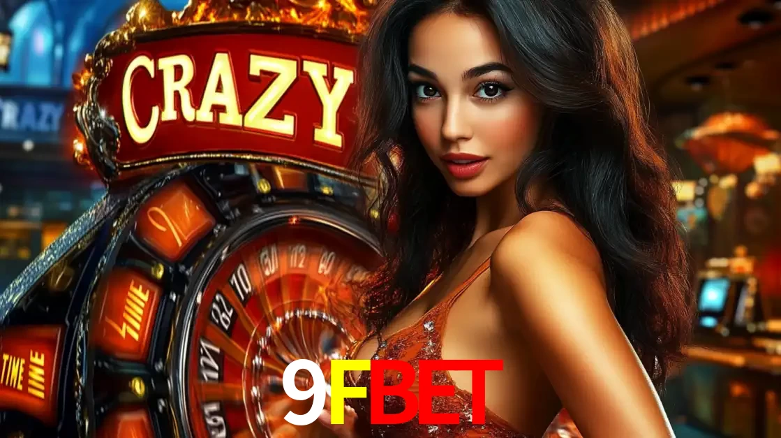 Mulher glamourosa olhando para a câmera com a roda vermelha do Crazy Time ao fundo em um ambiente de cassino, destacando a emoção dos jogos ao vivo no 9FBET.
