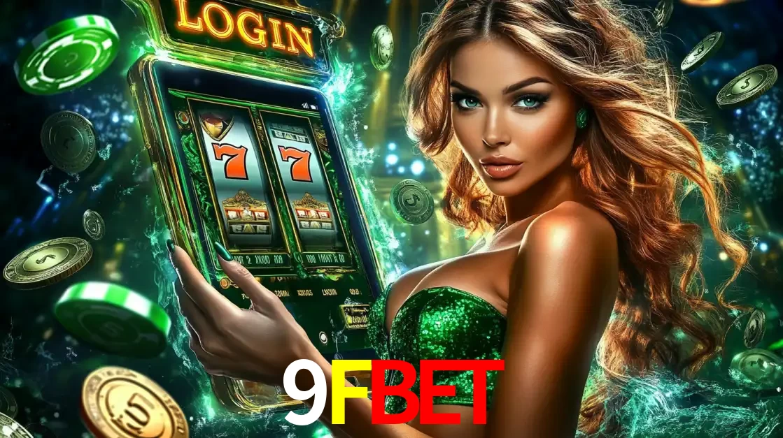 Mulher com tema verde apresentando o aplicativo do cassino 9FBET com um jogo de slot de 777, cercada por fichas de cassino e uma aura de sorte.