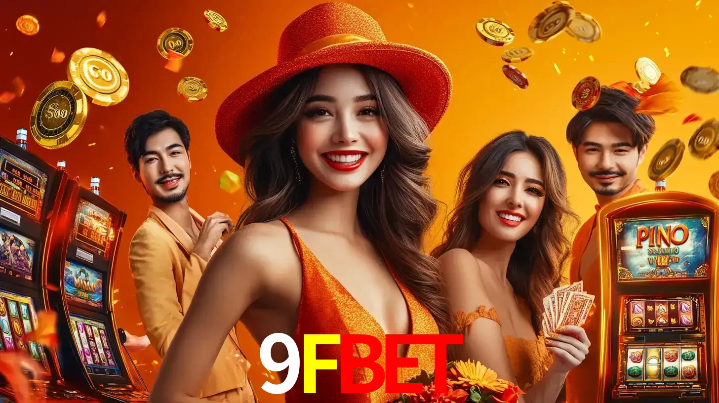 Grupo de amigos asiáticos sorrindo e se divertindo com máquinas de caça-níqueis em um ambiente festivo, celebrando suas vitórias nos jogos de cassino do 9FBET.