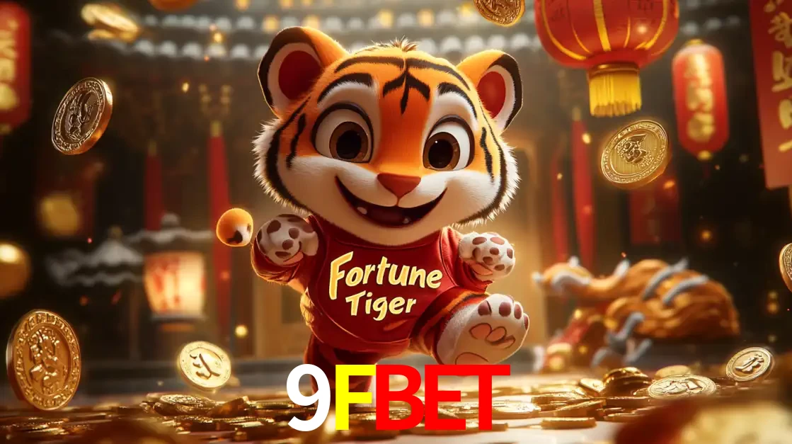 O alegre personagem do Fortune Tiger correndo sobre um caminho de moedas de ouro, simbolizando os grandes prêmios e a diversão do popular jogo de slot do 9FBET.