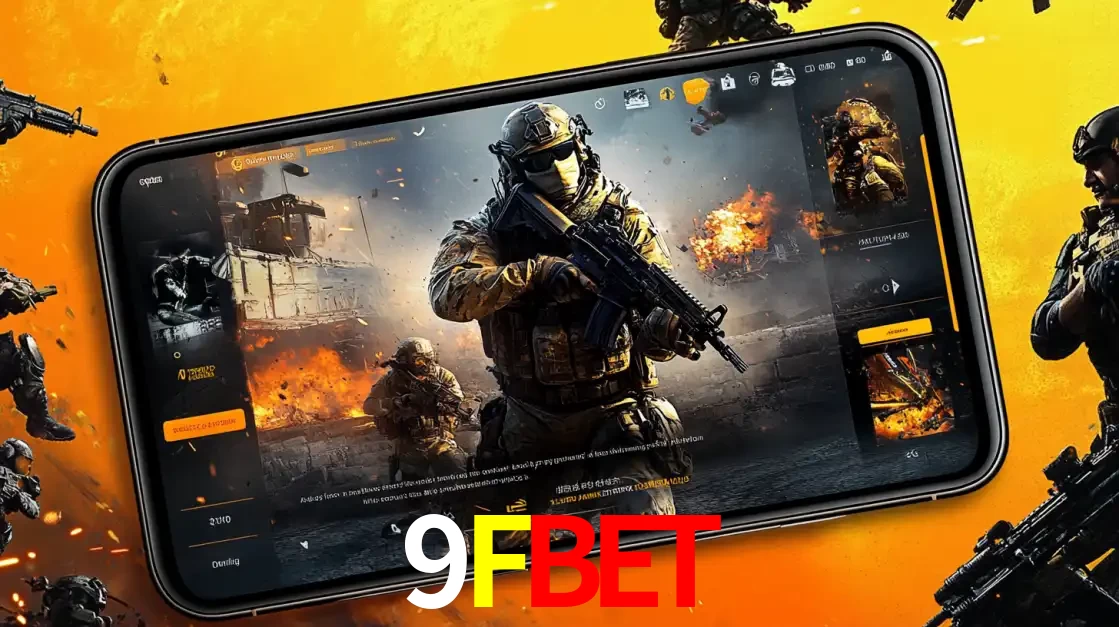 Um smartphone exibindo a interface de um jogo de tiro em primeira pessoa, com um soldado em um cenário de batalha, representando a ação dos e-sports para apostar no 9FBET.