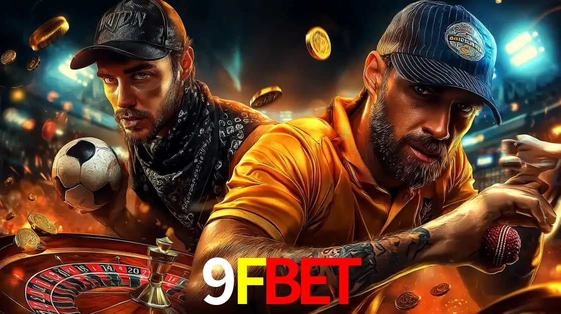 Montagem de apostas esportivas e cassino no 9FBET, com um homem segurando uma bola de futebol e outro uma de beisebol sobre uma roleta e moedas voadoras.