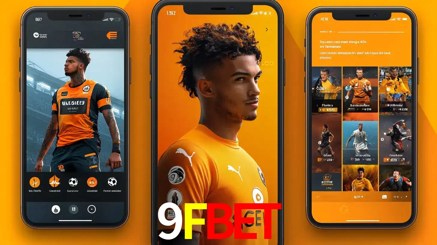 Interface do aplicativo de apostas esportivas 9FBET em três telas de celular, mostrando o perfil de um jogador de futebol e a lista de jogos disponíveis para apostar.