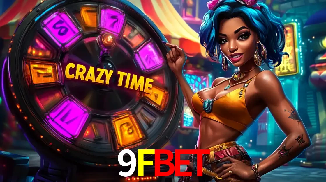 Mulher estilizada com cabelo azul e visual vibrante posando ao lado da roda de prêmios do game show Crazy Time, convidando para a diversão e os bônus do cassino 9FBET.