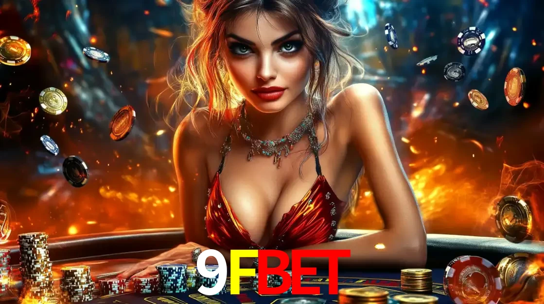 Mulher em uma mesa de cassino com pilhas de fichas e um fundo de fogo, pronta para uma rodada de altas apostas nos jogos de mesa emocionantes do cassino 9FBET.