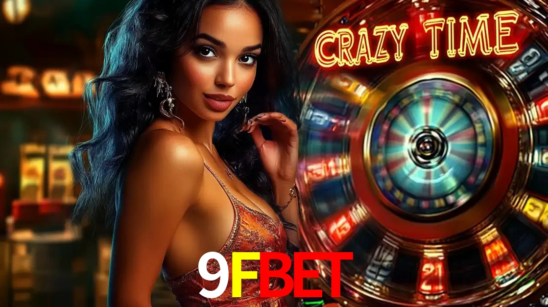 Mulher elegante ao lado da vibrante roda da fortuna do jogo de cassino ao vivo Crazy Time, um dos game shows mais populares e cheios de prêmios do 9FBET.