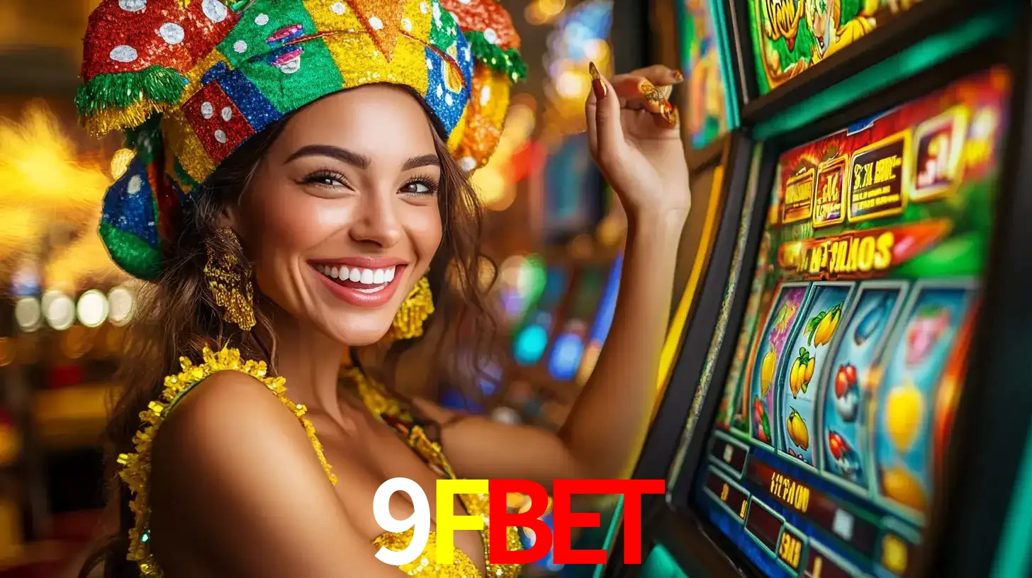 Mulher feliz com traje de carnaval amarelo e colorido ao lado de uma máquina de caça-níqueis, aproveitando a diversão e os jogos temáticos do cassino 9FBET.