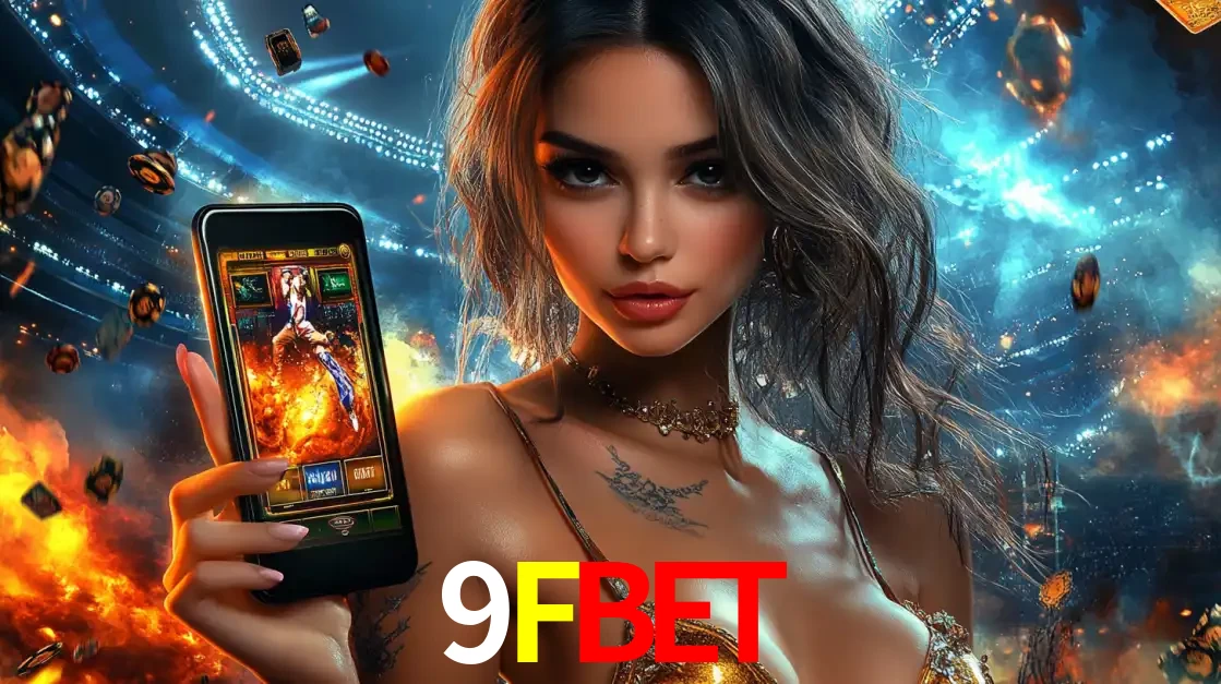 Mulher segurando um celular com um jogo de slot em destaque, tendo como fundo um estádio vibrante, simbolizando a emoção de jogar no cassino móvel 9FBET.
