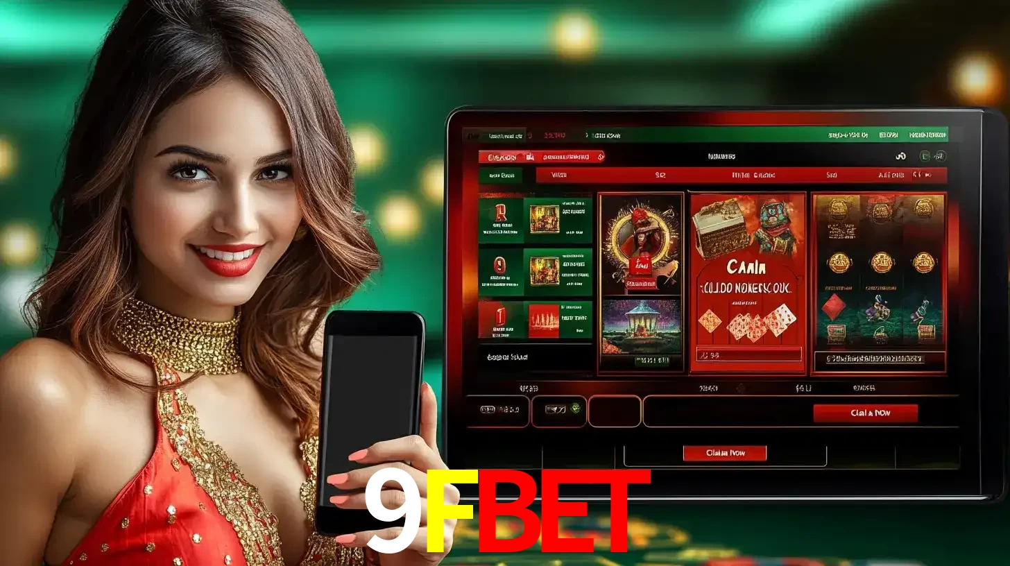 Mulher sorridente segurando um smartphone, ao lado de uma tela exibindo o lobby de jogos do cassino online 9FBET, com várias opções de jogos de cartas e slots.
